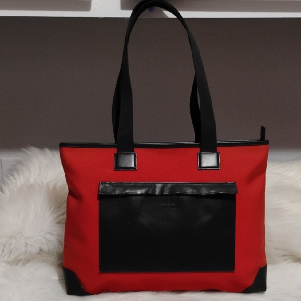 (#2) Authentic Gucci Red Canvas & Black Leather Color Block Tote Bag - Picture 1 of 11